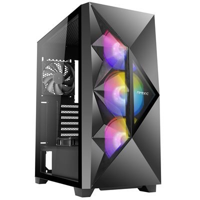 CAANT-DF800FLUX ANTEC DF800 FLUX Case, Gaming, Black, Mid Tower, 2 x USB 3.0, Tempered Glass Side Window Panel, Geometrical Mesh Design & Mirror Surface Front Panel, Addressable RGB LED Fans, Patented F-LUX Platform Cooling Solution, ATX, Micro ATX, Mini-ITX - Image 1