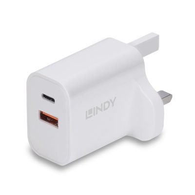 CLLIN-73425 LINDY 73425 30W USB Type A & C Charger UK Plug, 3A, Power Delivery 3.0 + PPS, 2 Output Connectors (USB, 24 pin USB-C), White - Image 1