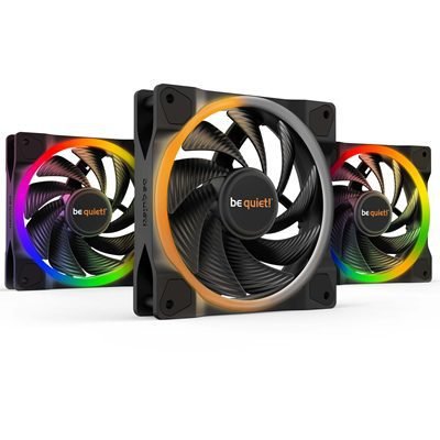 FABEQ-BL077 be quiet! Light Wings PWM High Speed Addressable RGB Fan Pack, 120mm, 2500RPM, 4-Pin PWM Fan & 3-Pin ARGB Connectors, Black Frame, Black Blades, ARGB Lighting on Front & Rear, Addressable RGB Hub Included - Image 1