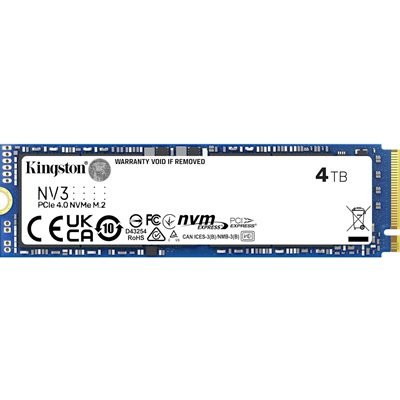 Kingston NV3 (SNV3S/4000G) 4TB NVMe SSD, M.2 Interface, PCIe Gen4, 2280, Read 6000 MB/s, Write 5000 MB/s, 3 Year Warranty
