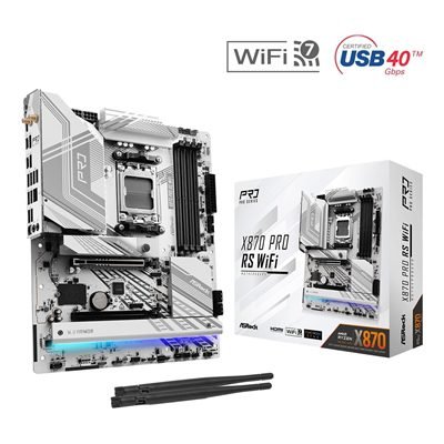 MBASR-X870PRORSW ASRock X870 PRO RS WIFI AMD AM5 Socket Motherboard, ATX, 4x DDR5 Slots, 3x M.2 Sockets, Fitted I/O Shield, 2.5GbE LAN, Wi-Fi 7, 1x HDMI Port / 2x USB-C (USB4) - Image 1
