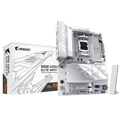 MBGIG-B850AEW7I Gigabyte B850 AORUS ELITE WIFI7 ICE AMD AM5 Socket Motherboard, ATX, 4x DDR5 Slots, 3x M.2 Sockets, Fitted I/O Shield, 2.5GbE LAN, Wi-Fi 7, 1x DisplayPort / 1x HDMI Port - Image 1