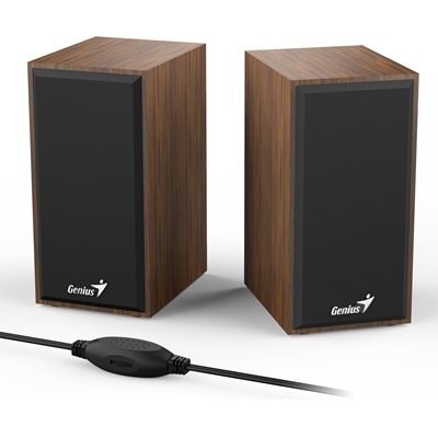 SPGEN-SPHF180W Genius SP-HF180 6W Wooden Desktop USB 2.0 Stereo Speakers with 3.5mm Audio Jack & Volume Control, Natural Wood - Image 1